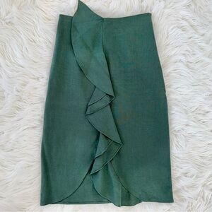 Zara Ruffle Linen Blend Midi Pencil Skirt XS Forest Green